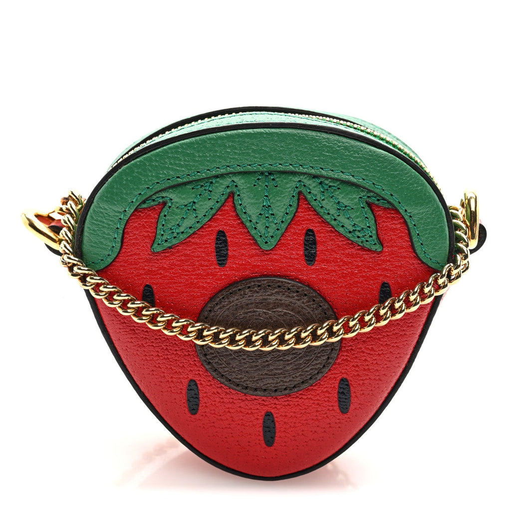 Gucci Textured Dollar Calfskin Retro Interlocking G Fruttini Strawberry Mini Crossbody Lobster Red Black New Acero