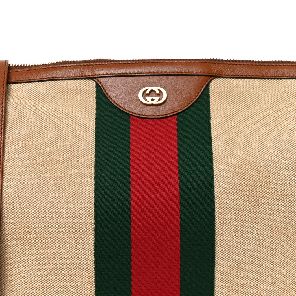Gucci Vintage Canvas Calfskin Web Large Ophidia Half Moon Hobo Sand Light Cuir
