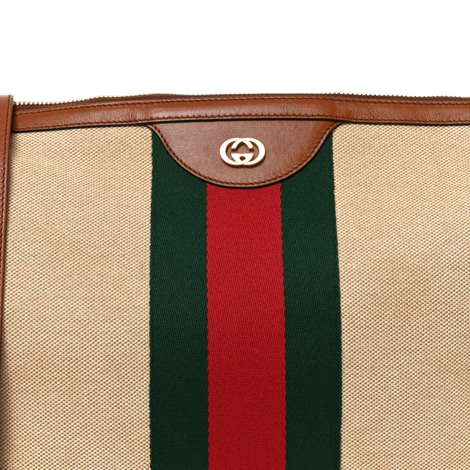 Gucci Vintage Canvas Calfskin Web Large Ophidia Half Moon Hobo Sand Light Cuir