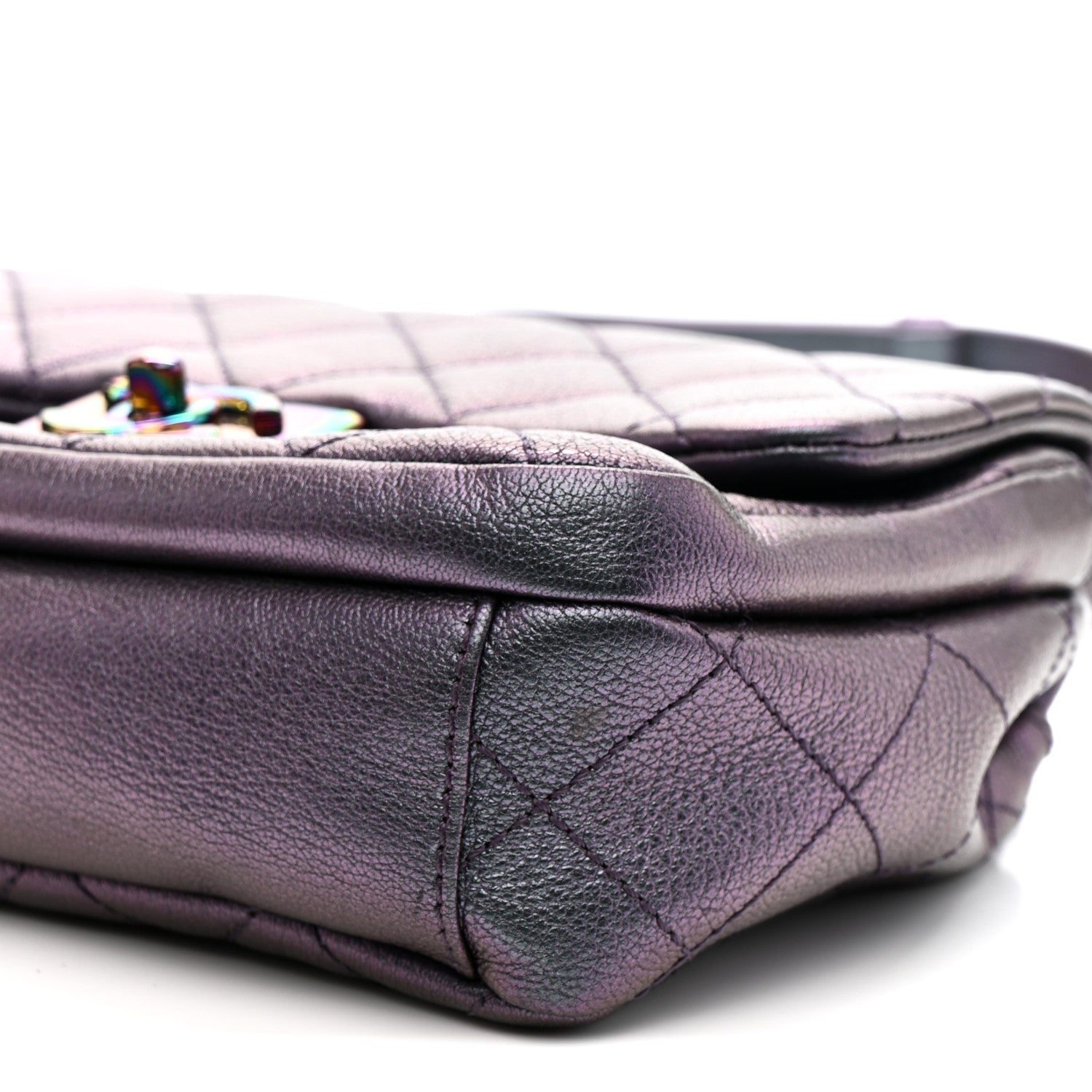 Chanel Iridescent Goatskin Quilted Small Double Carry Waist Chain Flap Purple