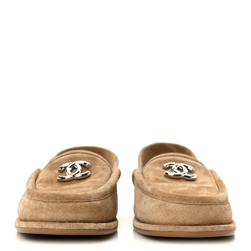Chanel Suede Calfskin CC Slingback Loafers 35 Dark Beige