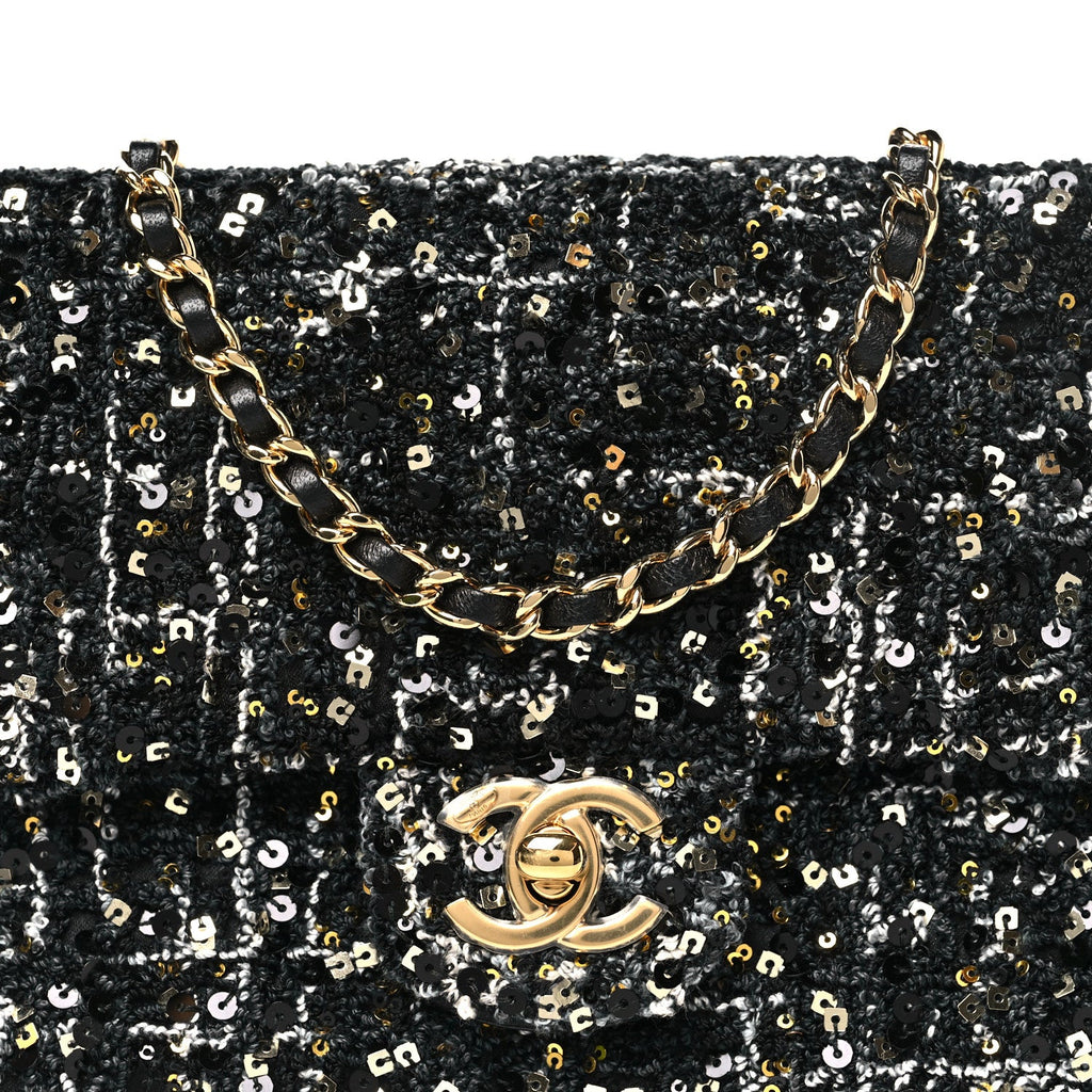 Chanel Tweed Sequin Small Single Flap Black Silvery Golden