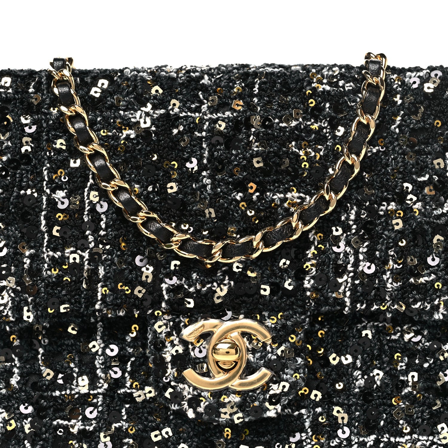 Chanel Tweed Sequin Small Single Flap Black Silvery Golden