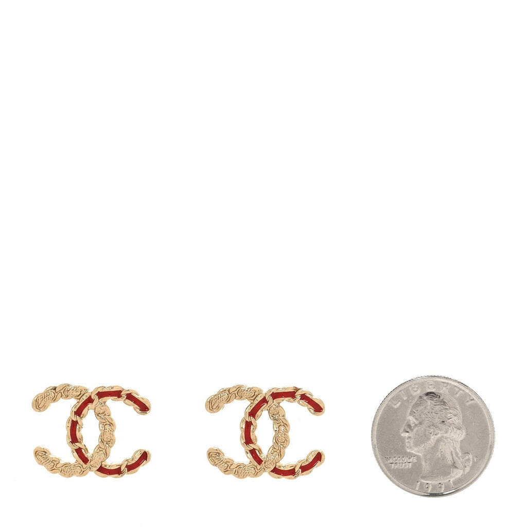 Enamel Metal Chain French New Wave CC Earrings Red Gold