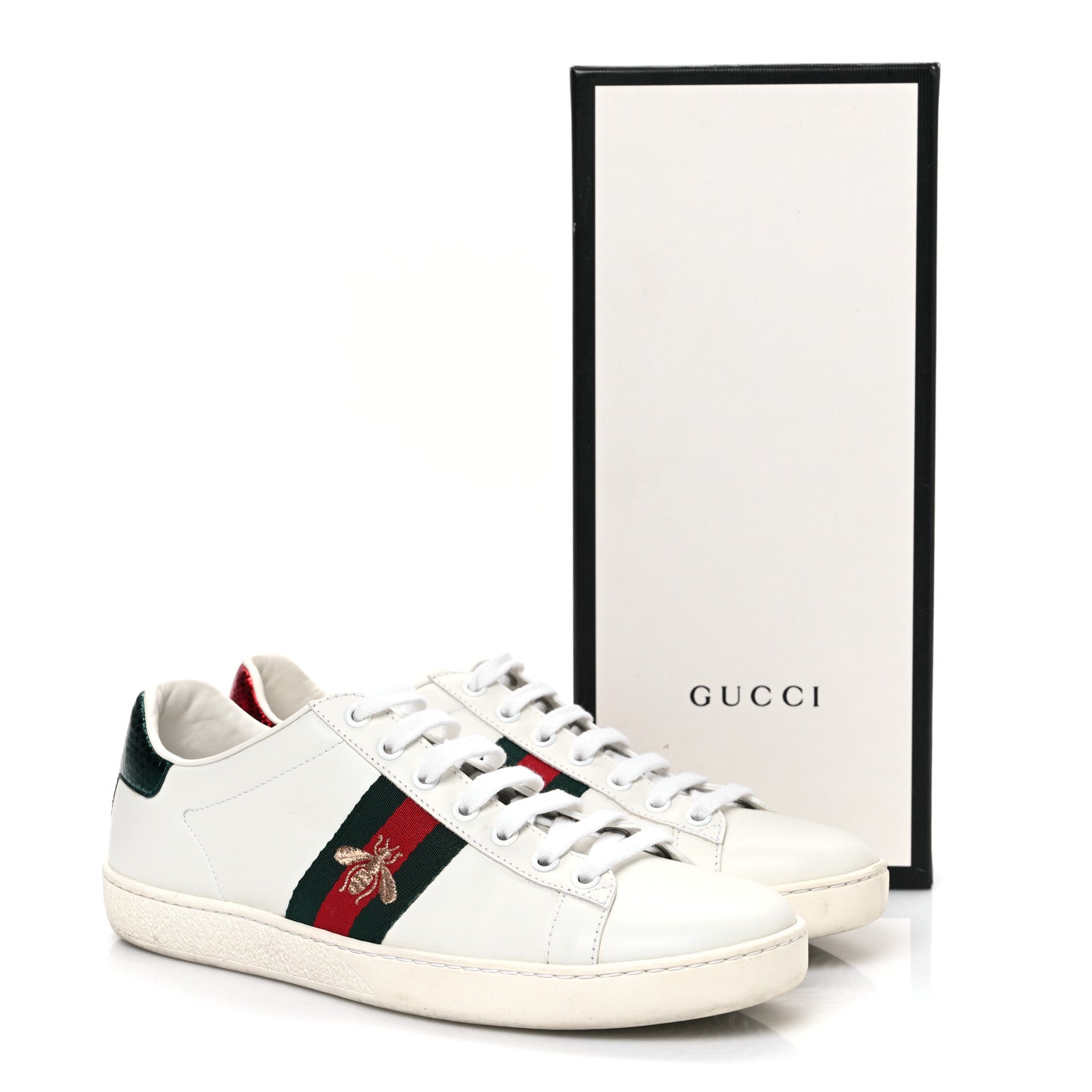 Gucci Calfskin Ayers Bee Embroidered Womens Ace Sneakers 39 White Red Flame Green