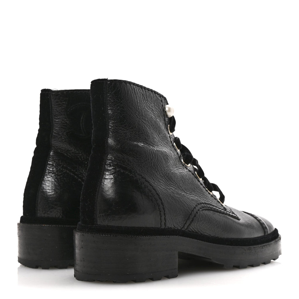 Chanel Shiny Calfskin Velvet Pearl Combat Short Boots 36 Black