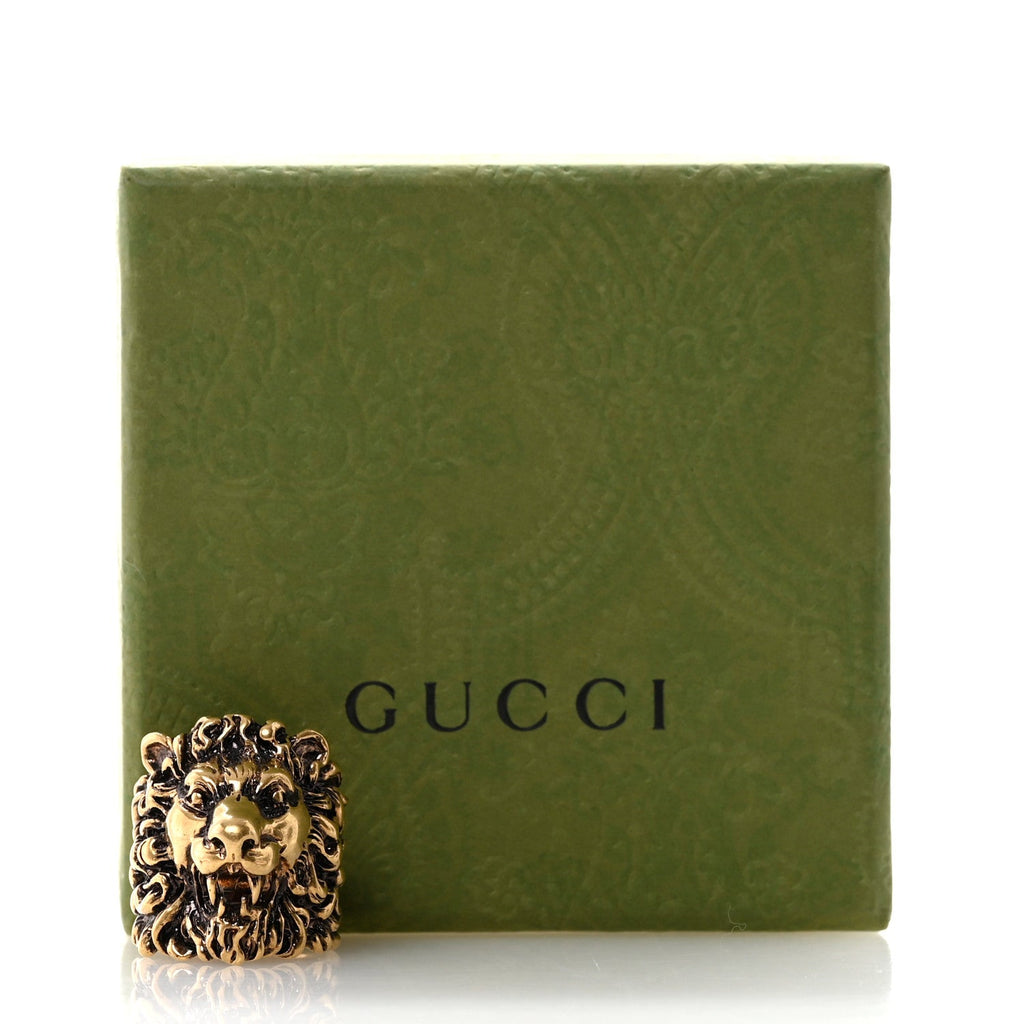 Gucci Metal Lion Head Ring 59 8.75 Aged Gold