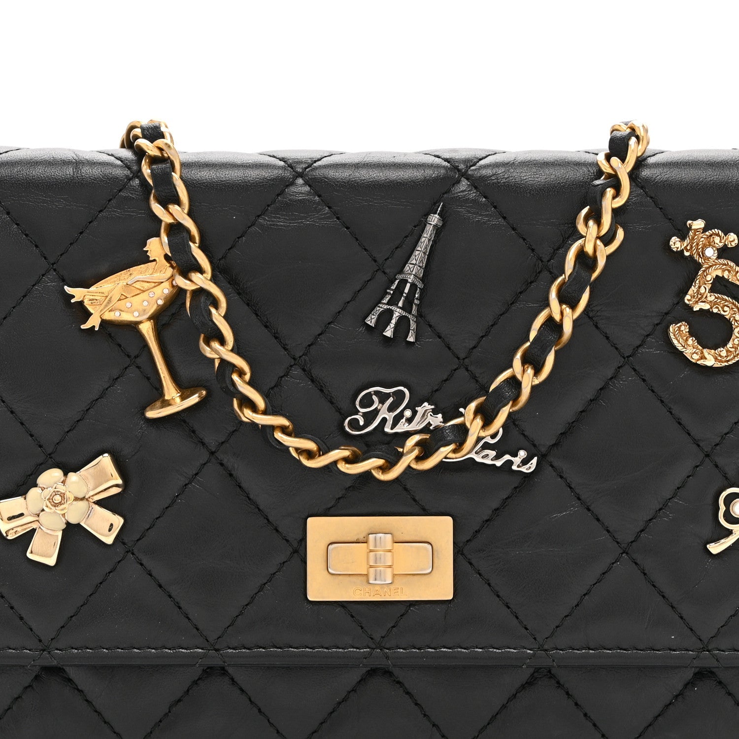 Chanel Aged Calfskin Quilted Lucky Charms 2.55 Reissue Wallet On Chain WOC Black