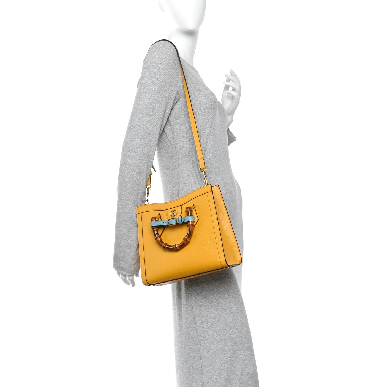Gucci Textured Dollar Calfskin Web Small Diana Tote Bag Yellow Dusty Azure