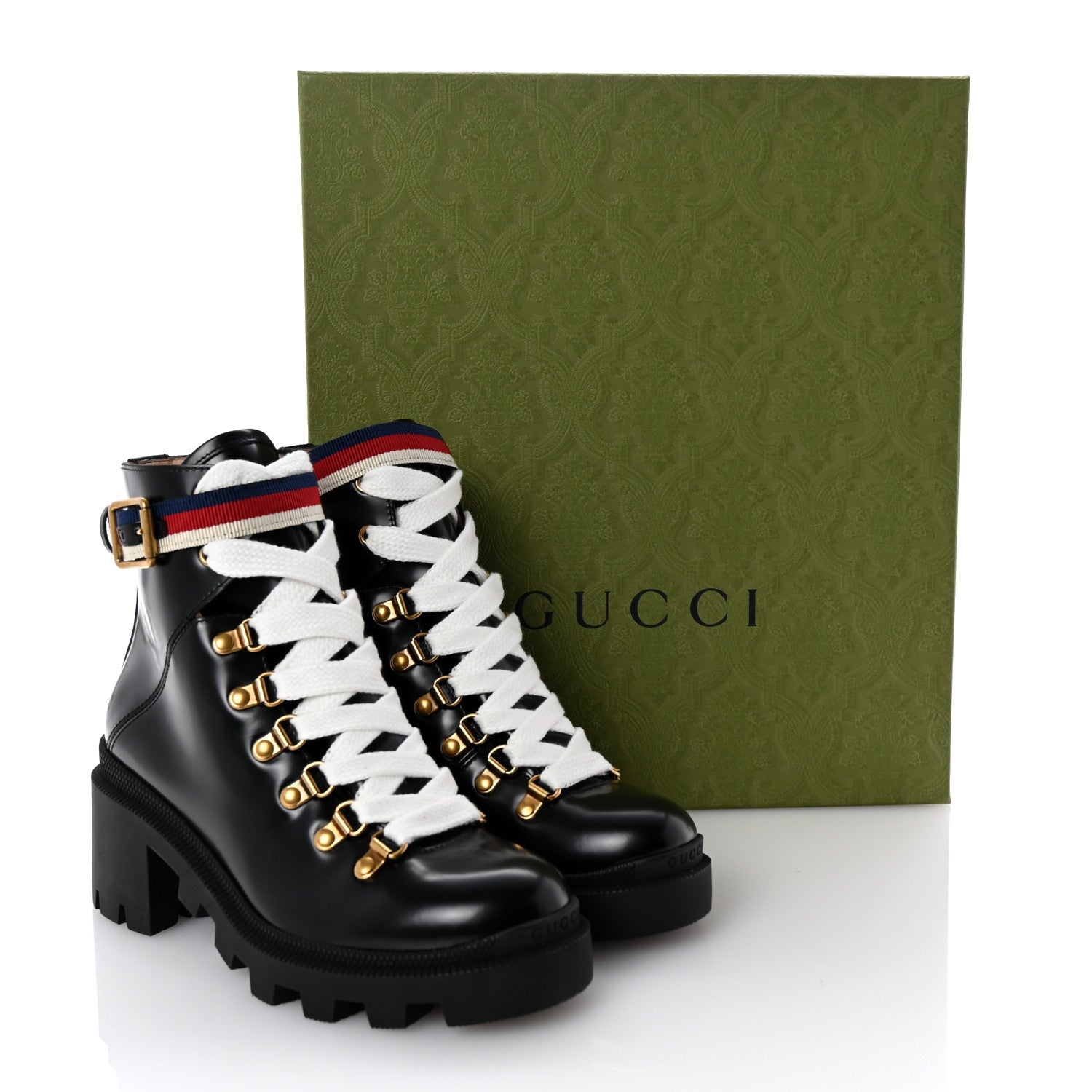 Gucci Calfskin Sylvie Web Lace Up Combat Boots 35 Black