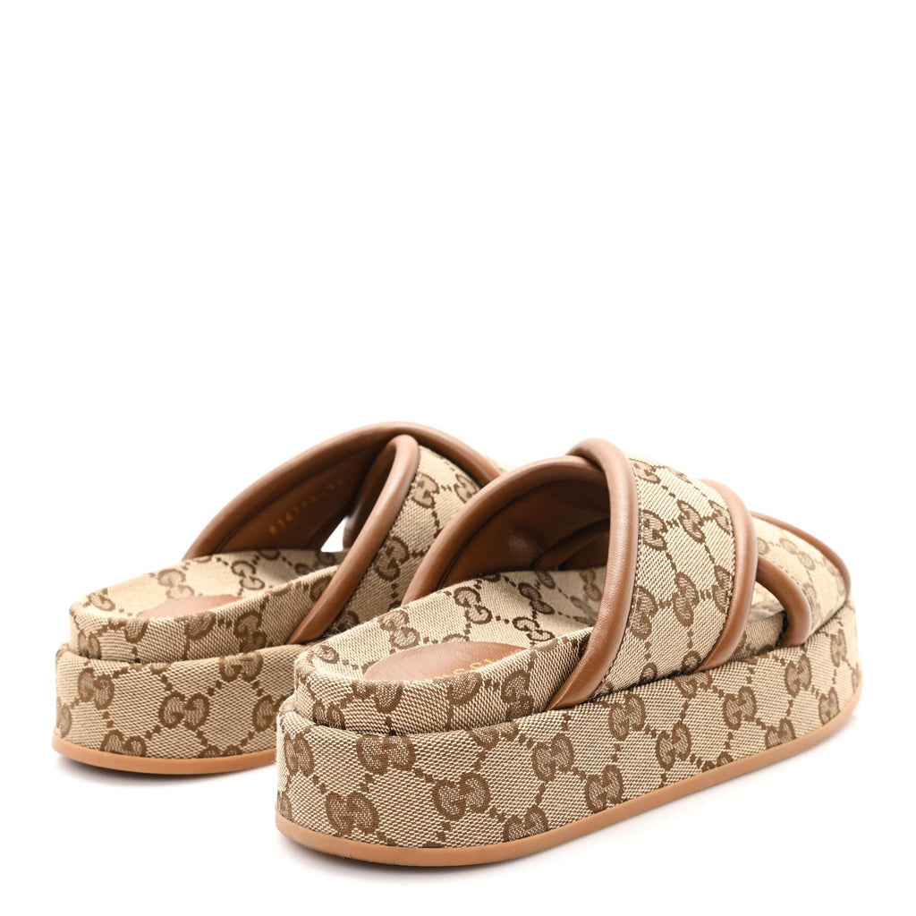 Gucci Monogram GG Calfskin Angelina Platform 55mm Slide Sandals 35 Camel Ebony