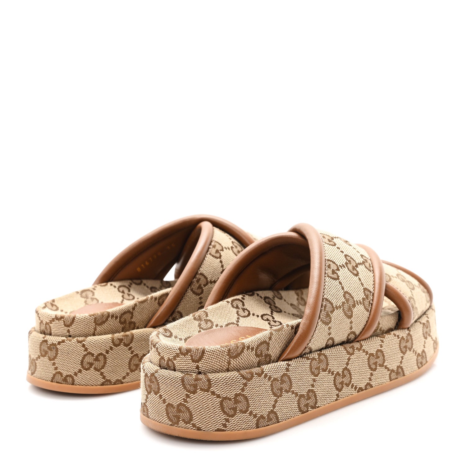 Gucci Monogram GG Calfskin Angelina Platform 55mm Slide Sandals 35 Camel Ebony
