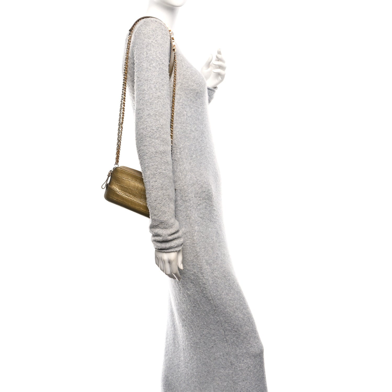 Chanel Metallic Calfskin Crocodile Embossed Small Gabrielle Clutch With Chain Gold
