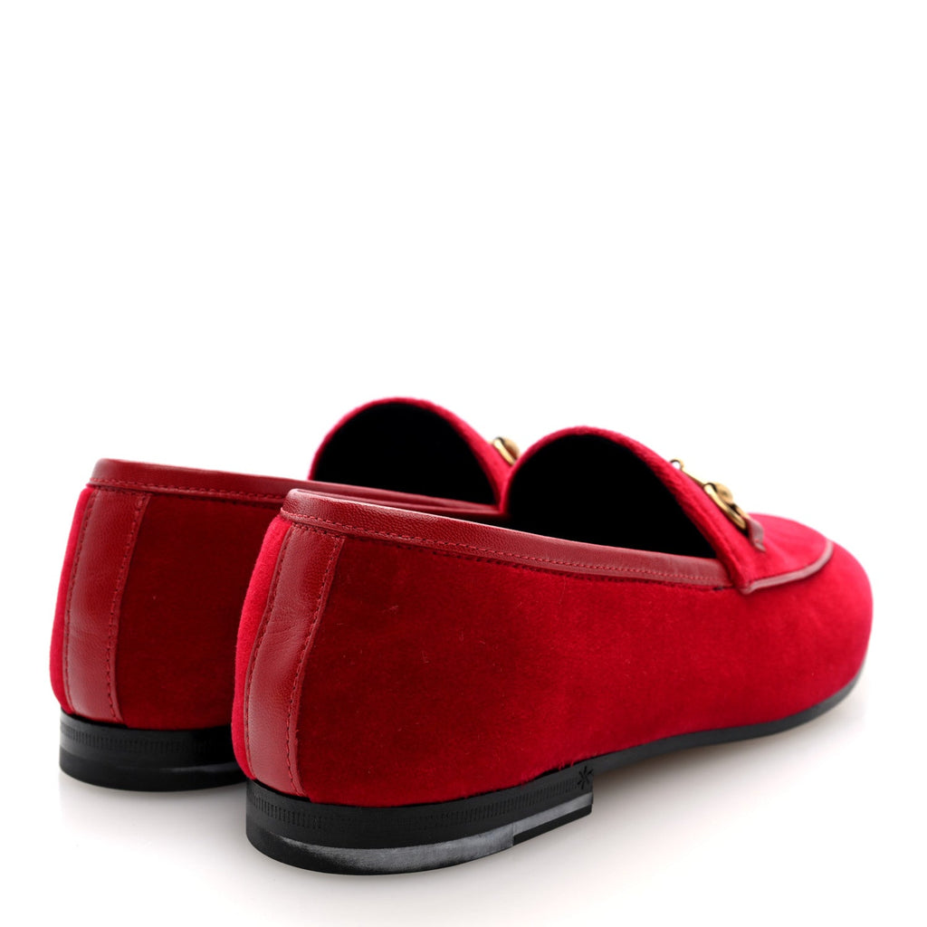 Gucci Velvet Horsebit Womens Jordaan Loafers 37 Hibiscus Red