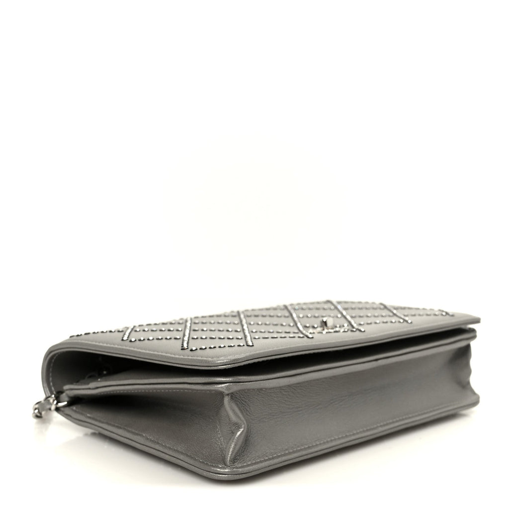 Chanel Lambskin Crystal Quilted Wallet On Chain WOC Grey