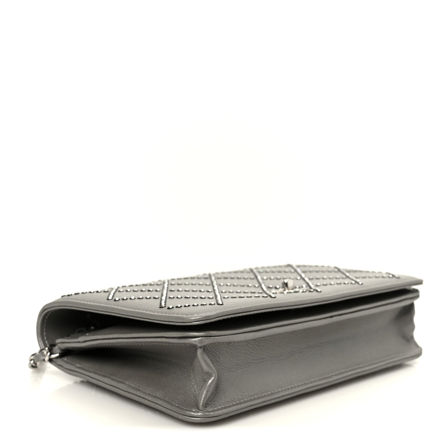 Chanel Lambskin Crystal Quilted Wallet On Chain WOC Grey
