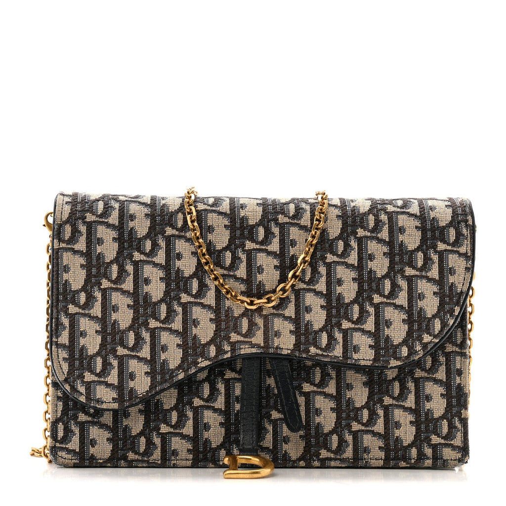 Christian Dior Oblique Saddle Chain Pouch Blue