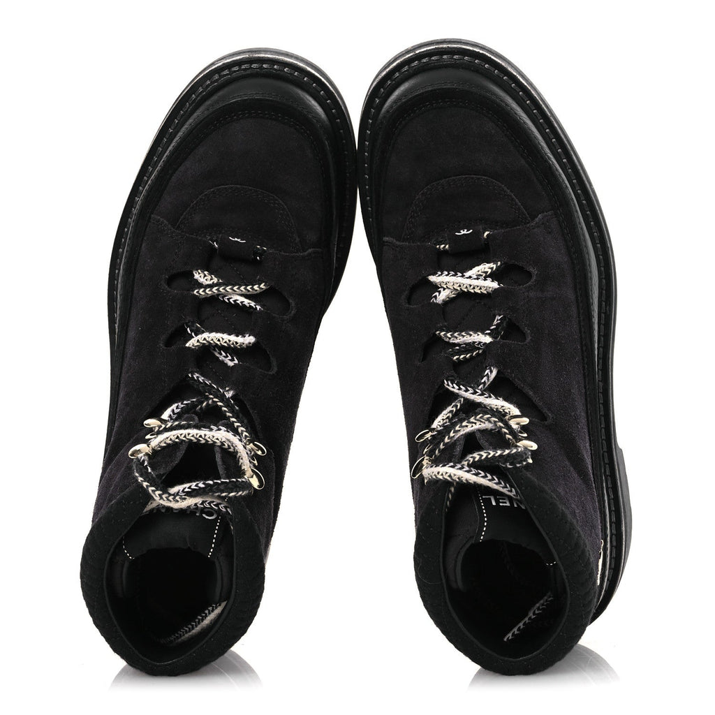 Chanel Suede Grained Calfskin CC Lace Up Boots 38 Black