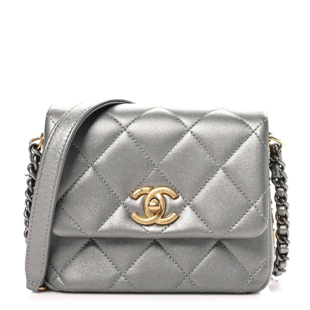 Chanel Metallic Lambskin Quilted Mini Side Note Flap Grey