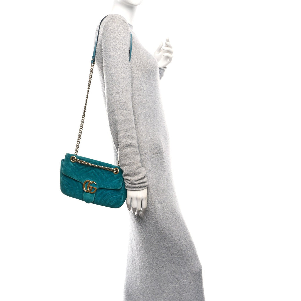 Gucci Velvet Matelasse Small GG Marmont Shoulder Bag Pavone Cyan