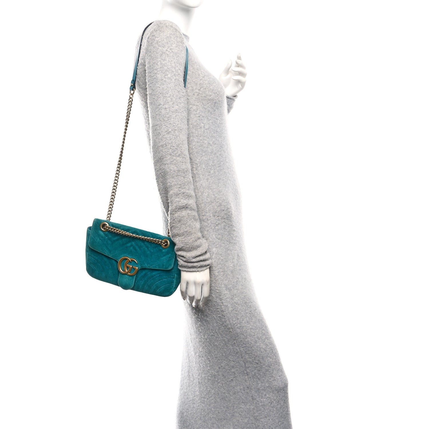 Gucci Velvet Matelasse Small GG Marmont Shoulder Bag Pavone Cyan