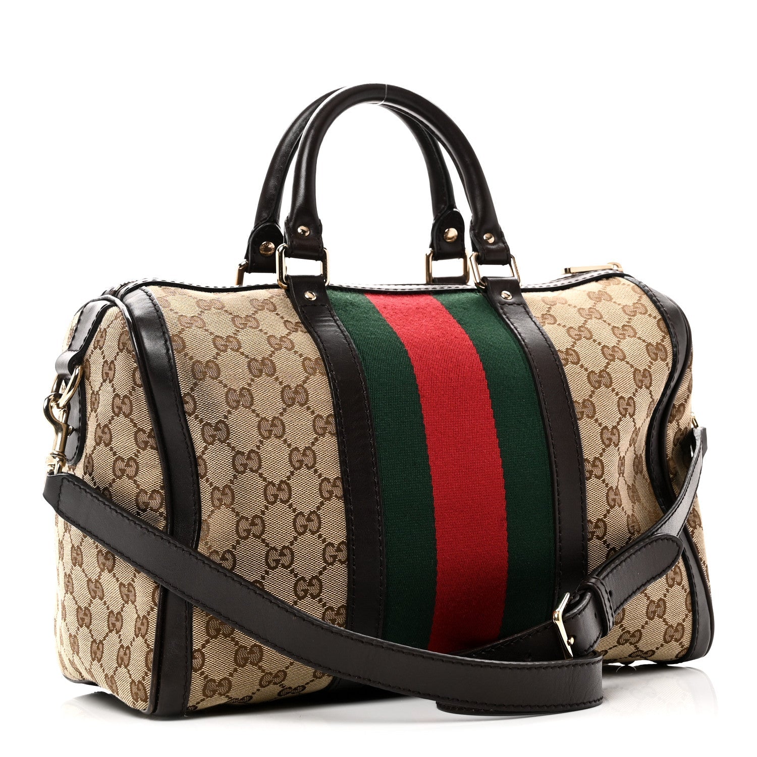 Gucci Monogram Selleria Calfskin Vintage Web Medium Boston Beige Ebony Cocoa