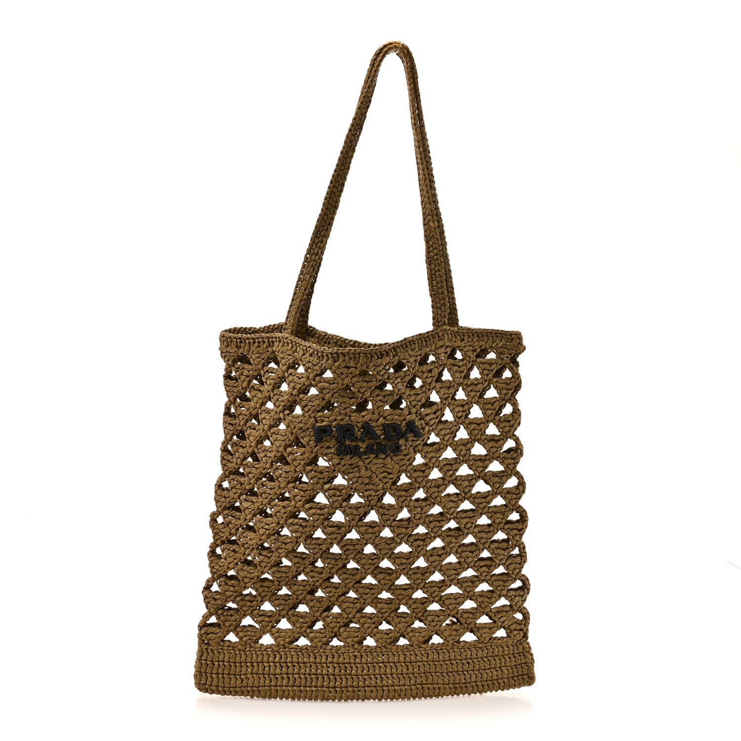 Prada Yarn Raffia Effect Embroidered Logo Tote Oliva