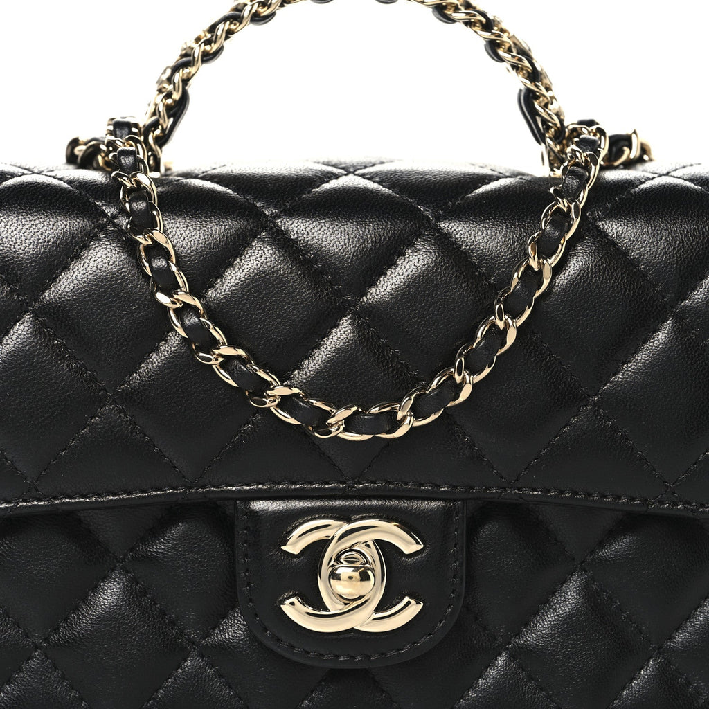 Chanel Lambskin Quilted Mini Crystal Top Handle Rectangular Flap Black