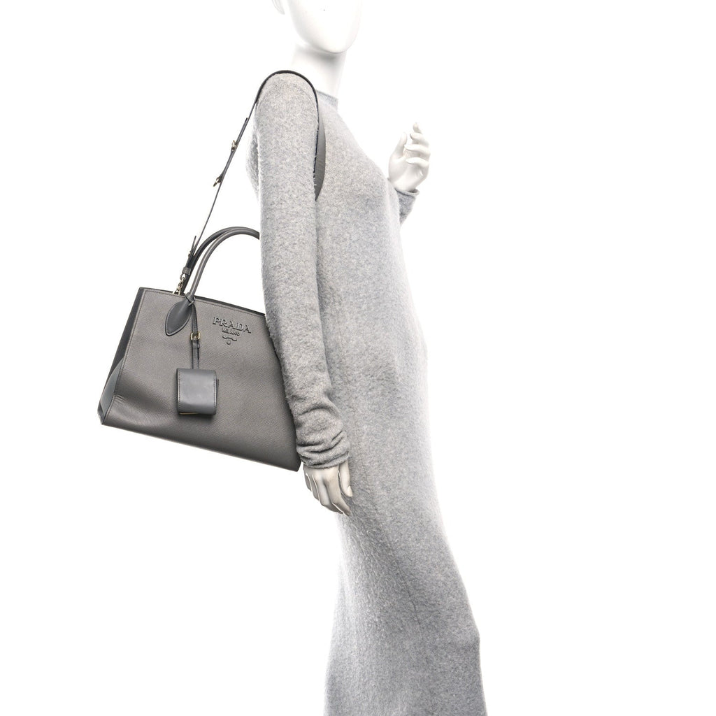 Prada Saffiano Cuir Calfskin Medium Monochrome Top Handle Tote Ardesia