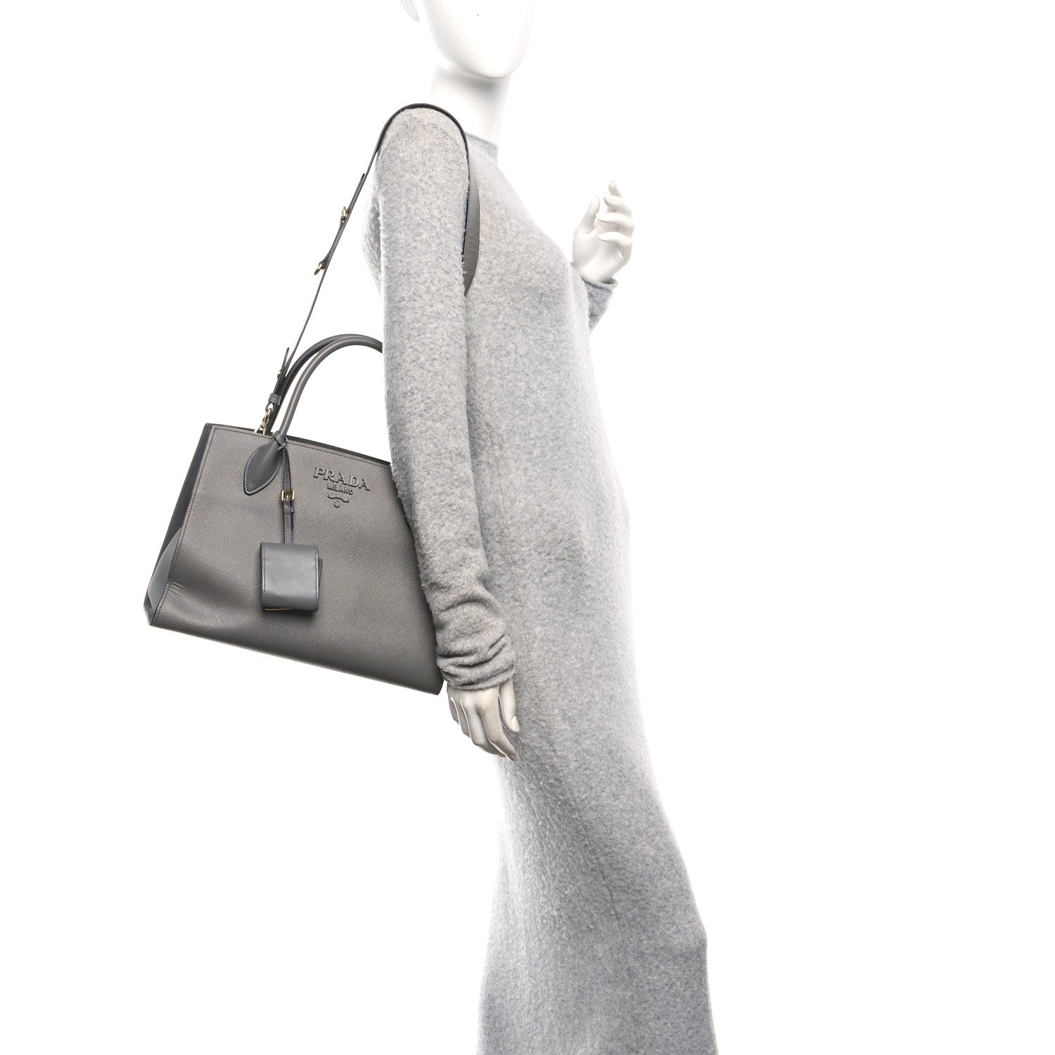 Prada Saffiano Cuir Calfskin Medium Monochrome Top Handle Tote Ardesia