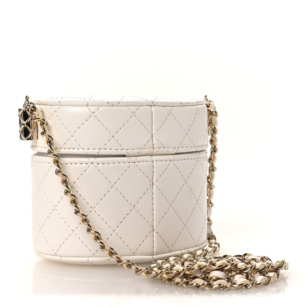 Chanel Lambskin Quilted Round Mini Vanity Case With Chain Case With Chain White