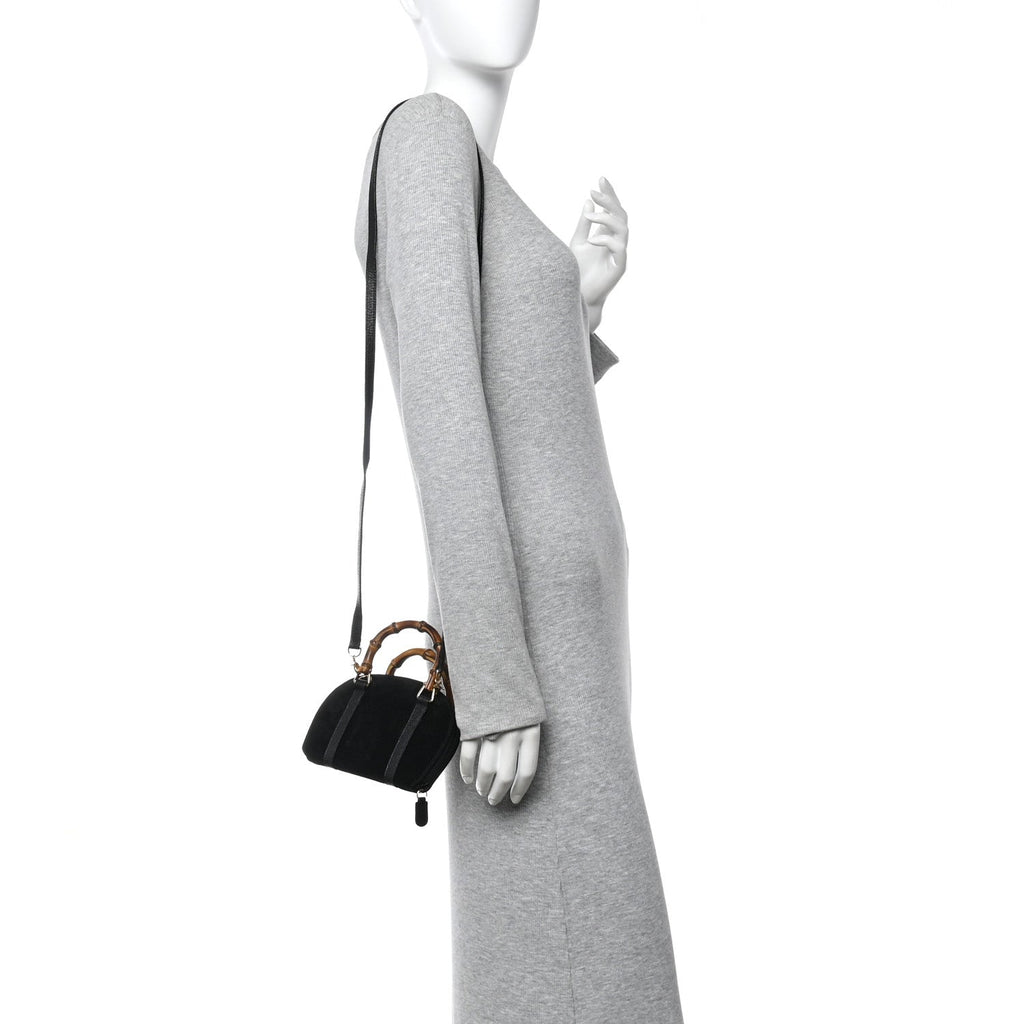 Gucci Suede Mini Bamboo Handle Bag Black