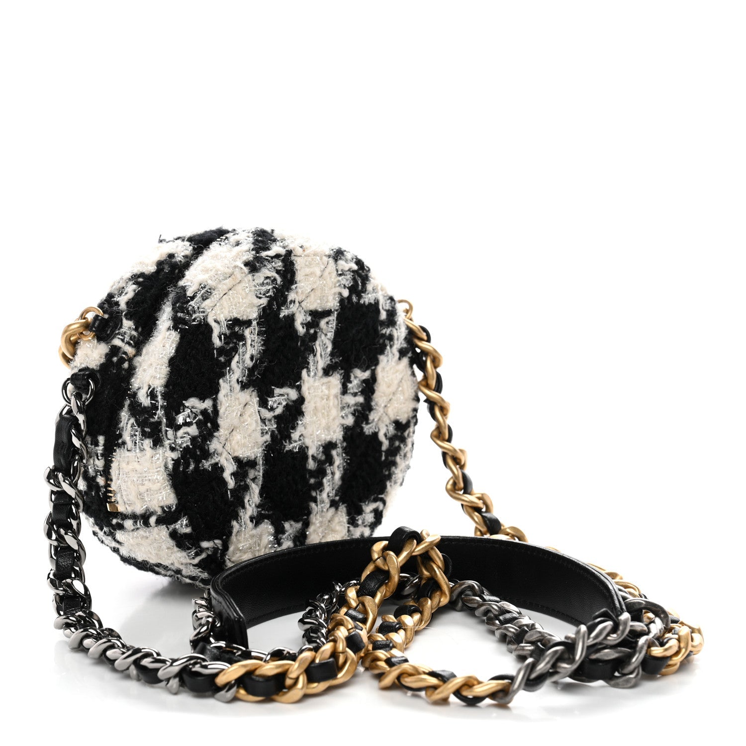 Chanel Wool Tweed Lambskin Quilted Chanel 19 Round Clutch With Chain and Coin Purse Black White