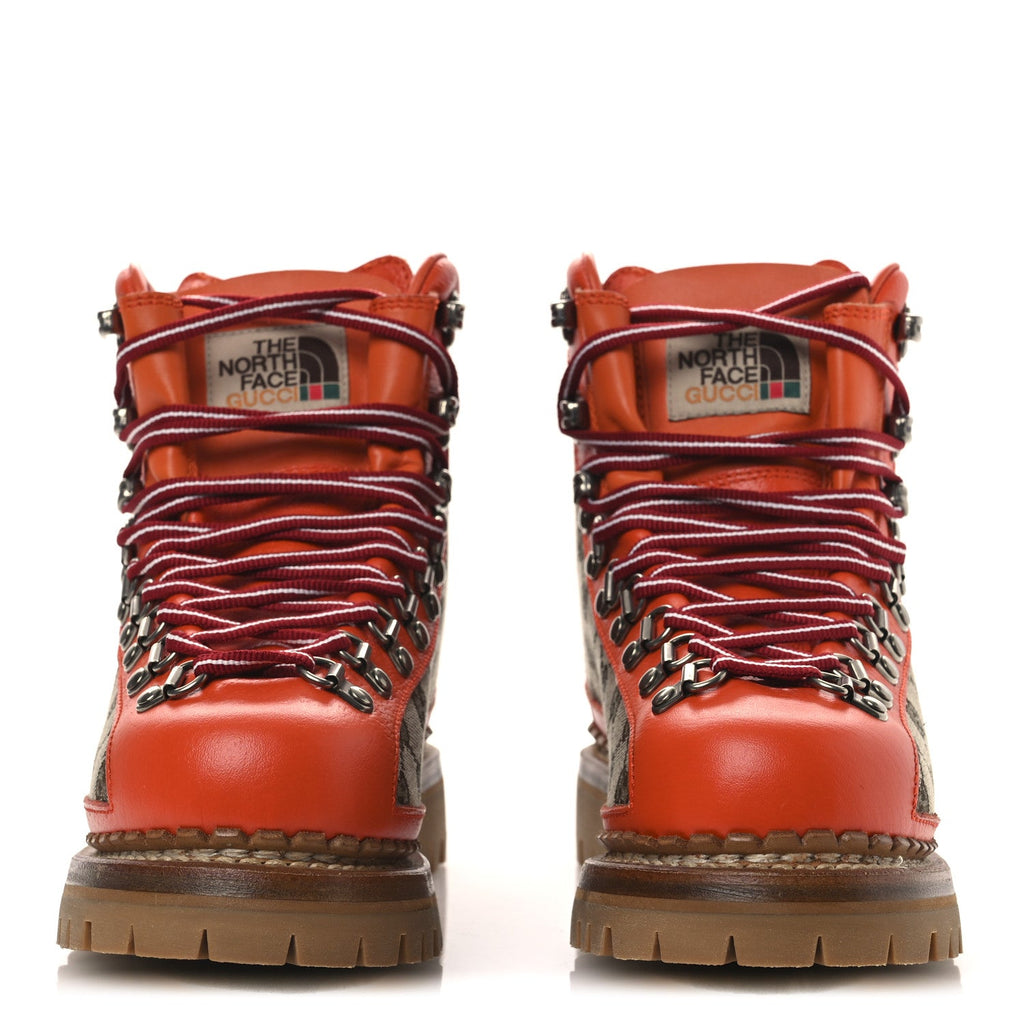 Gucci X THE NORTH FACE Monogram Textured Calfskin Hiking Ankle Boots 37 Beige Ebony Deep Orange