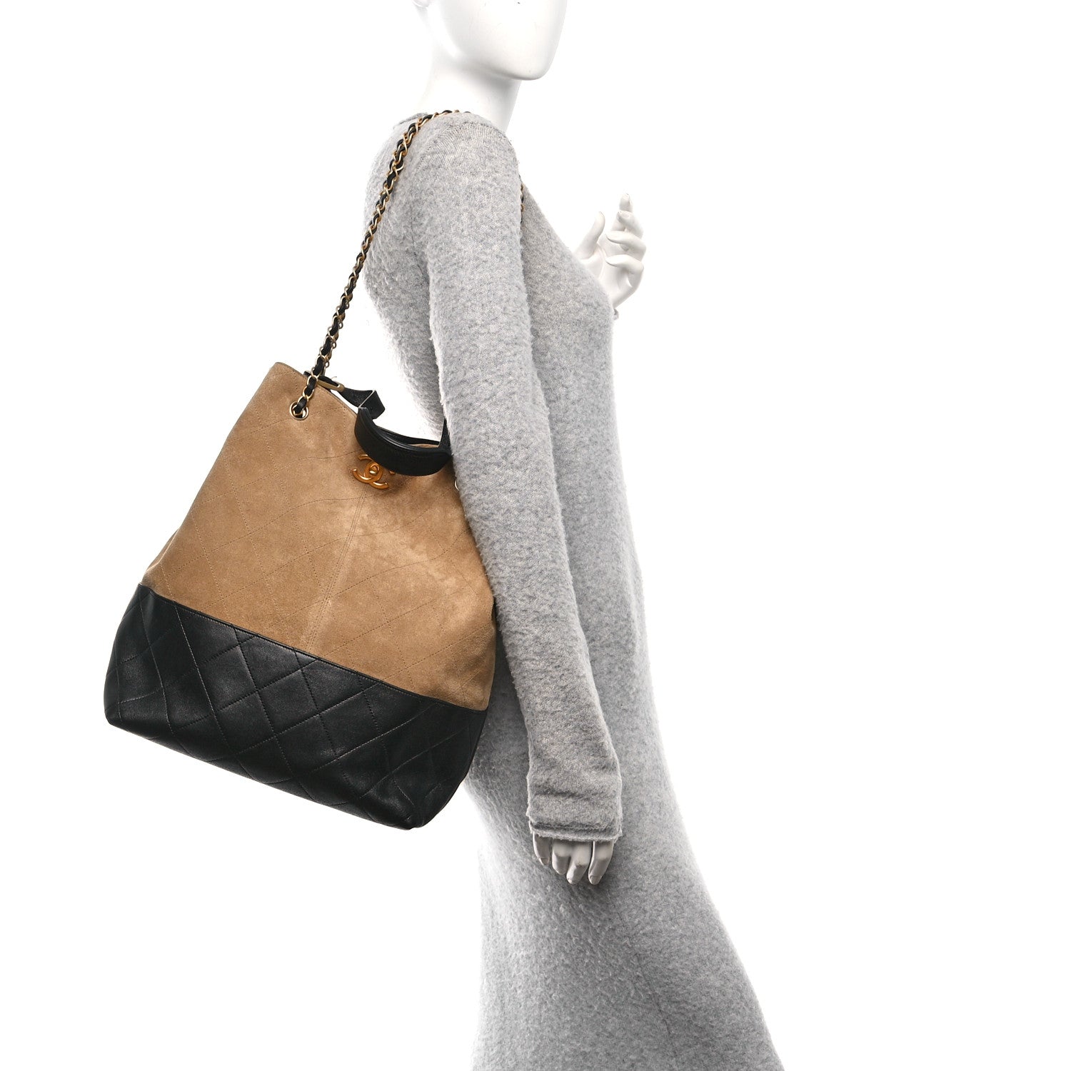 Chanel Suede Shiny Lambskin Quilted Large Shopping Bag Beige Black