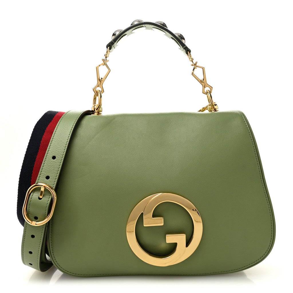 Gucci Roxy Calfskin Web Medium Blondie Top Handle Shoulder Flap Bag Salamander Green