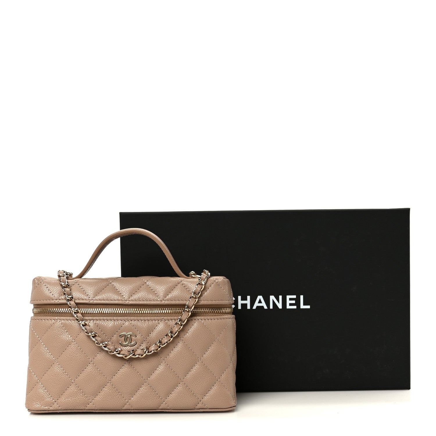 Chanel Caviar Quilted Top Handle Slim Vanity With Chain Dark Beige