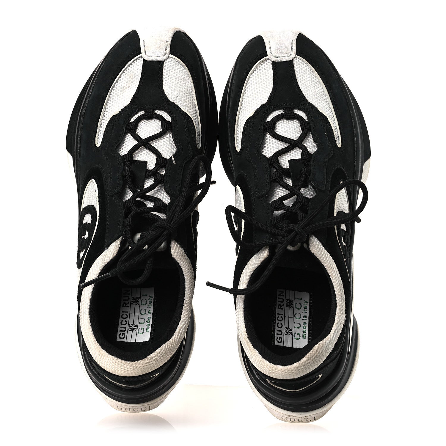 Gucci Technical Knit Fabric Suede Calfskin Womens Gucci Run Sneakers 38 Black White