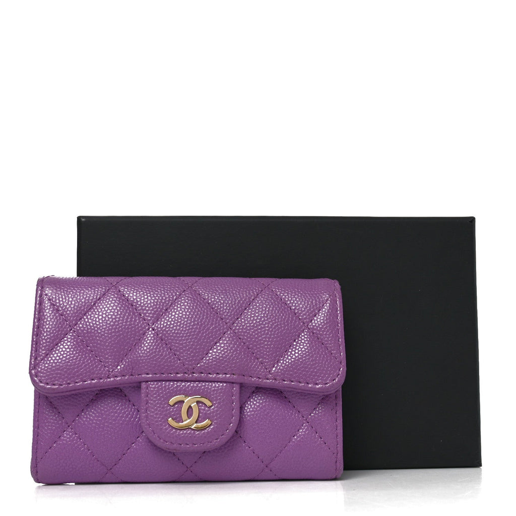 Caviar Quilted Flap Card Holder Wallet Purple