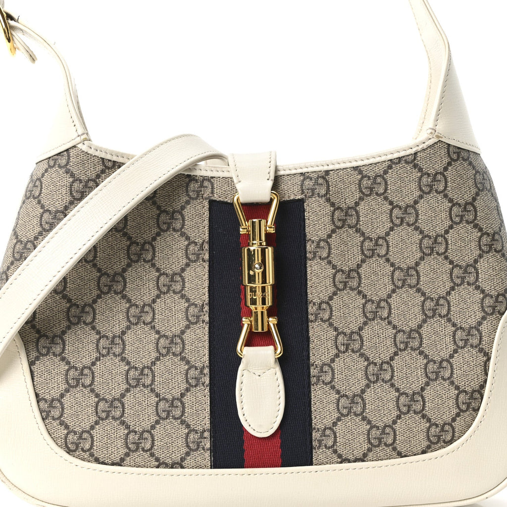Gucci GG Supreme Monogram Azalea Calfskin Web Small Jackie 1961 Hobo Beige Ebony Mystic White