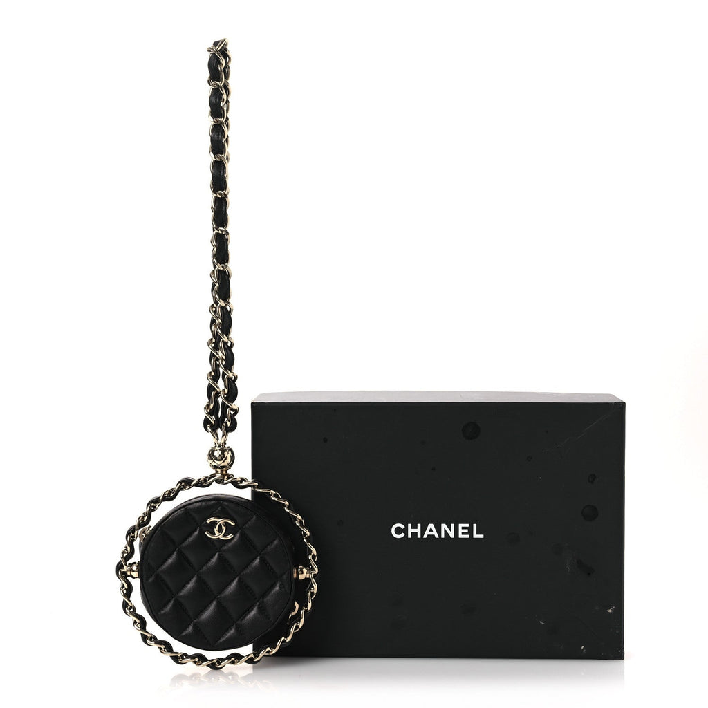 Chanel Lambskin Quilted Chain Round Mini Clutch Black