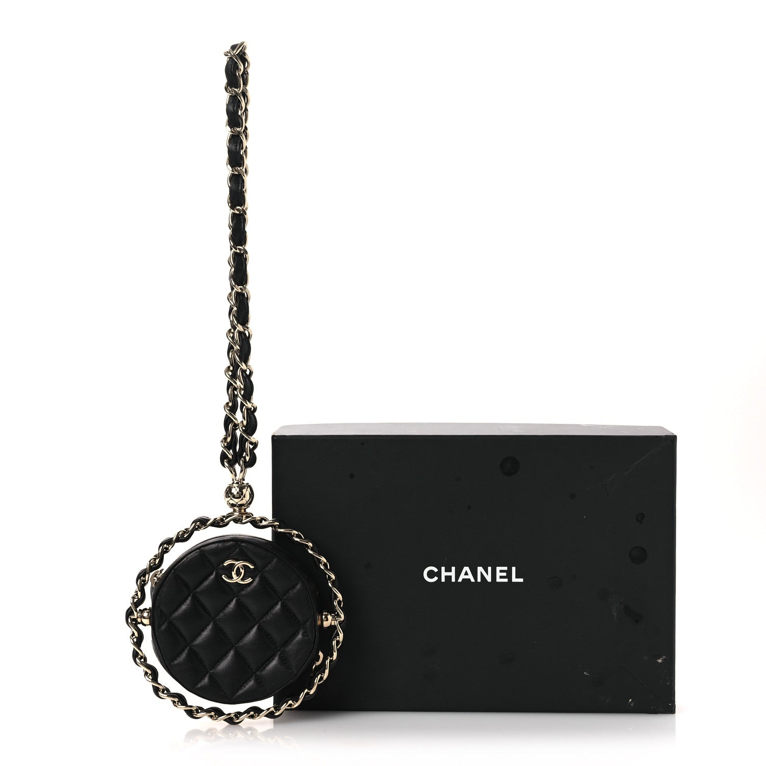 Chanel Lambskin Quilted Chain Round Mini Clutch Black