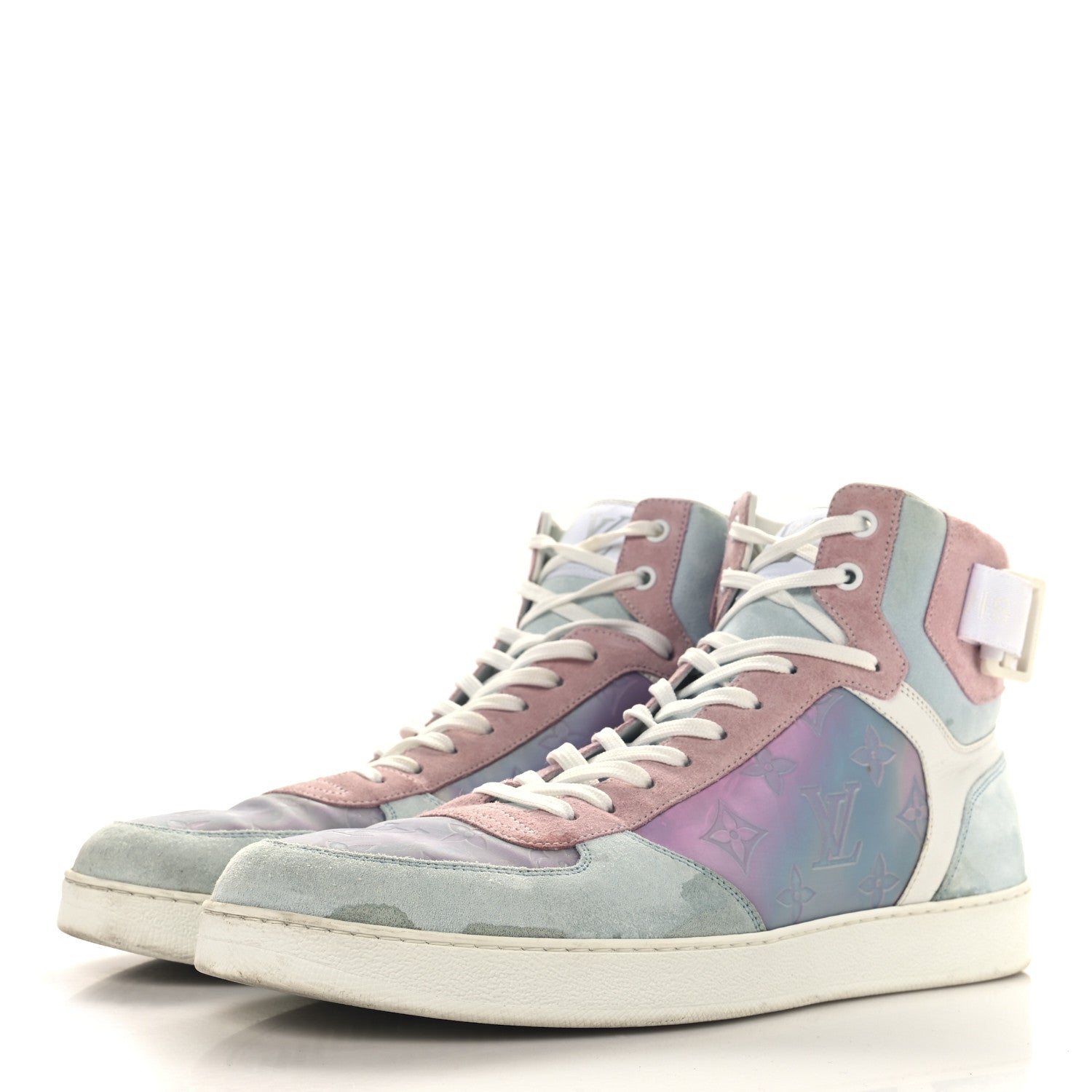 Louis Vuitton Calfskin Suede Monogram Mens Rivoli High Top Sneakers 10 White Multicolor