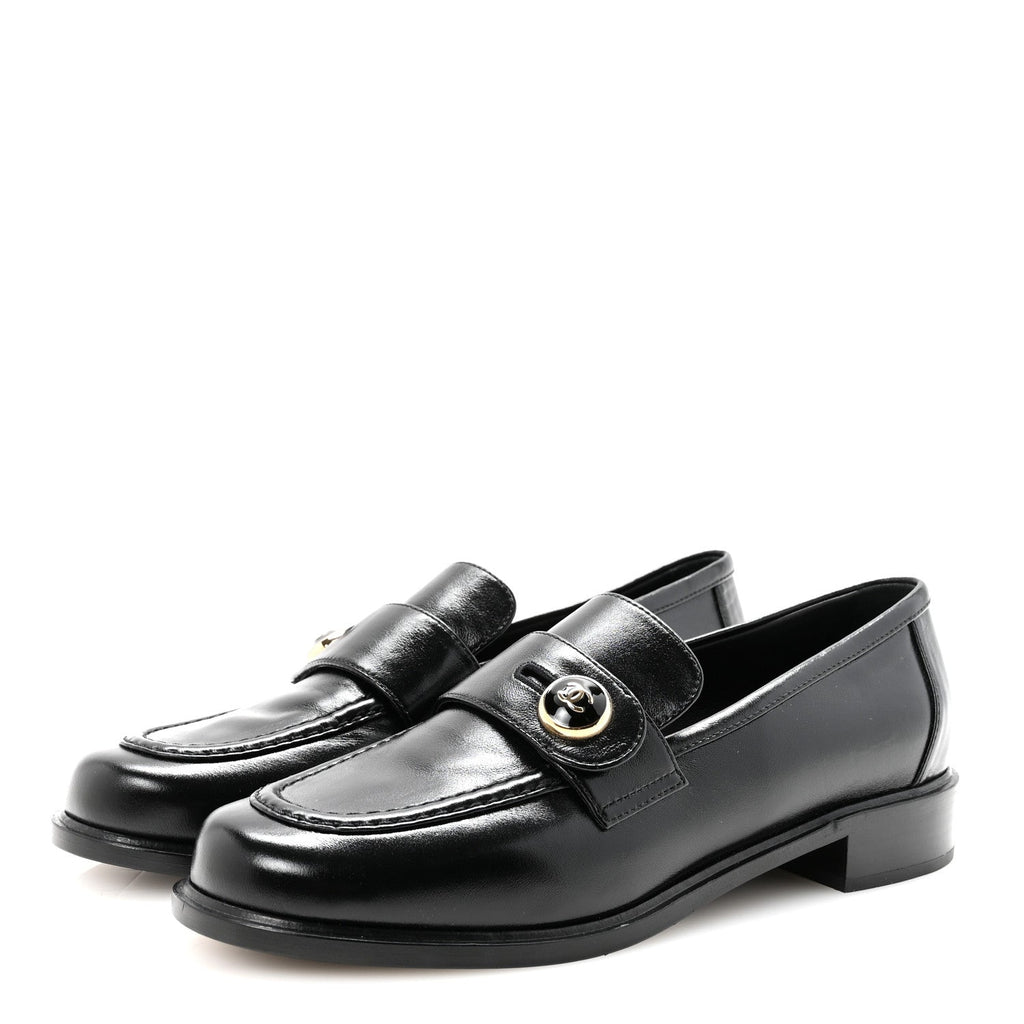Chanel Shiny Calfskin CC Mocassin Loafers 38.5 Black