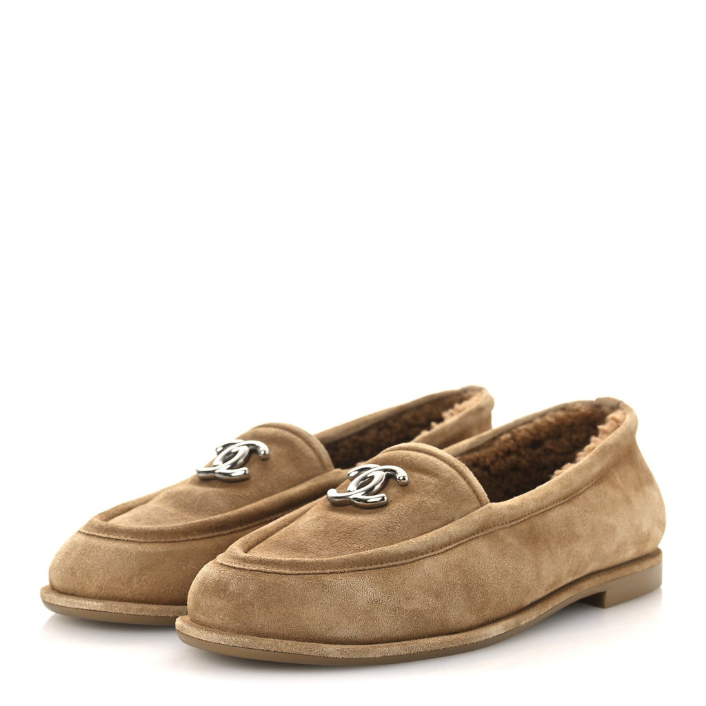 Chanel Suede Calfskin CC Loafers 36.5 Dark Beige