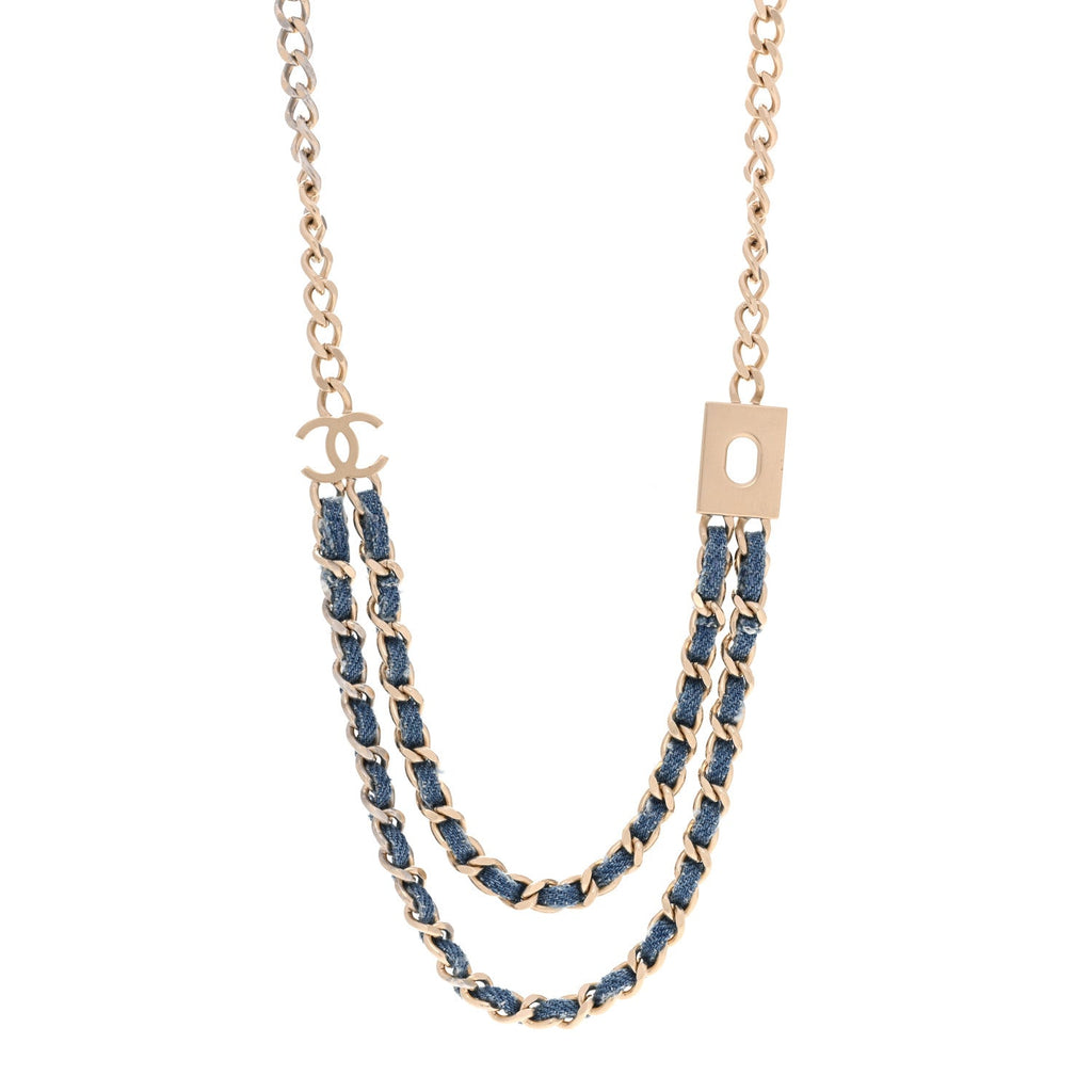 Metal Denim CC Double Chain Necklace Blue Gold