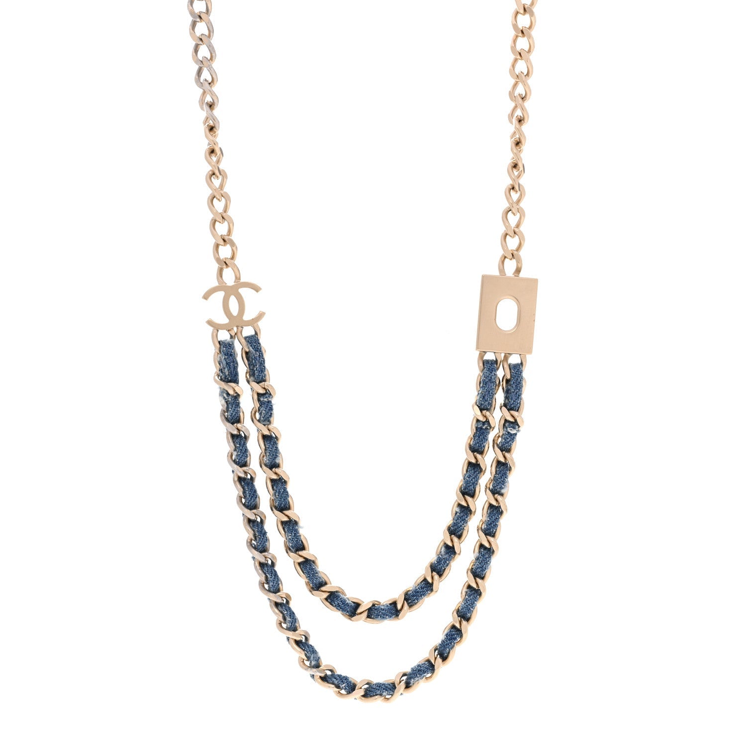 Metal Denim CC Double Chain Necklace Blue Gold