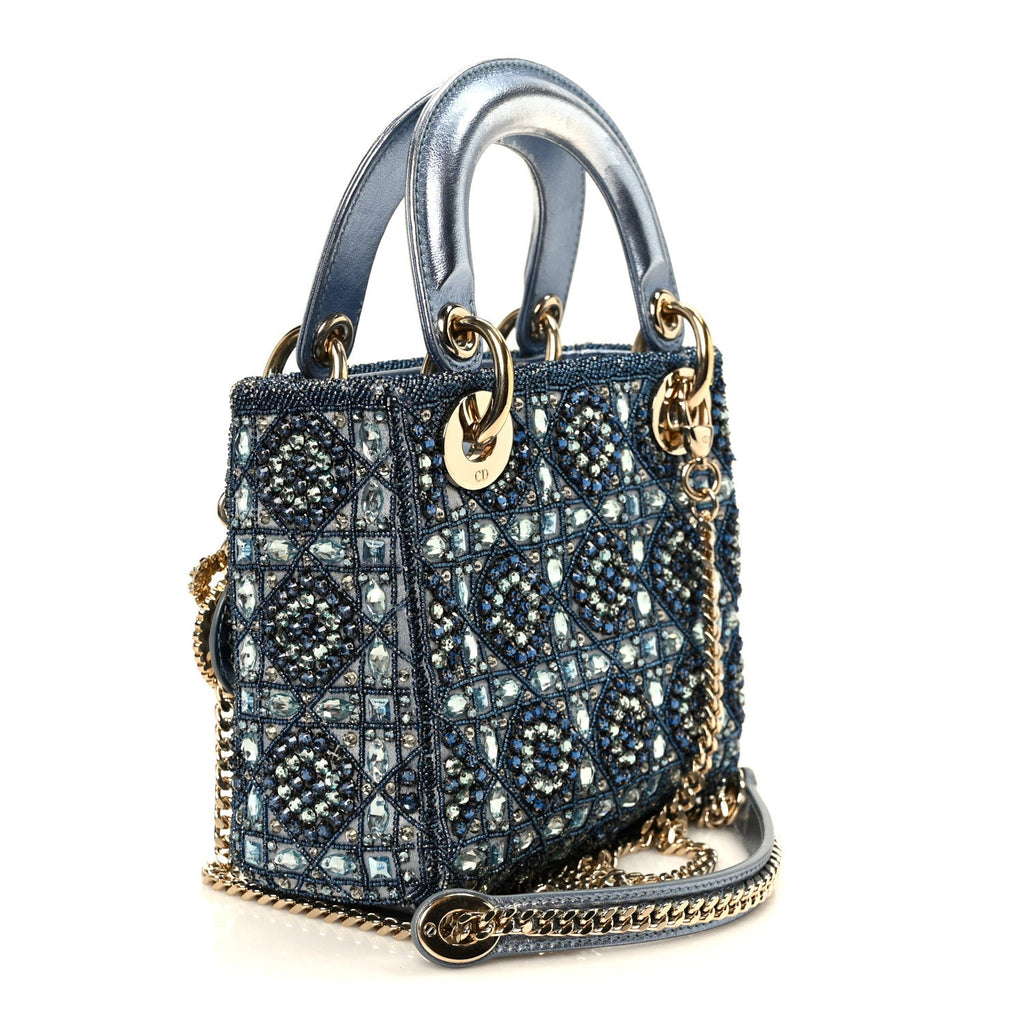 Christian Dior Metallic Calfskin Satin Celestial Bead Embroidery Cannage Mini Lady Dior Blue