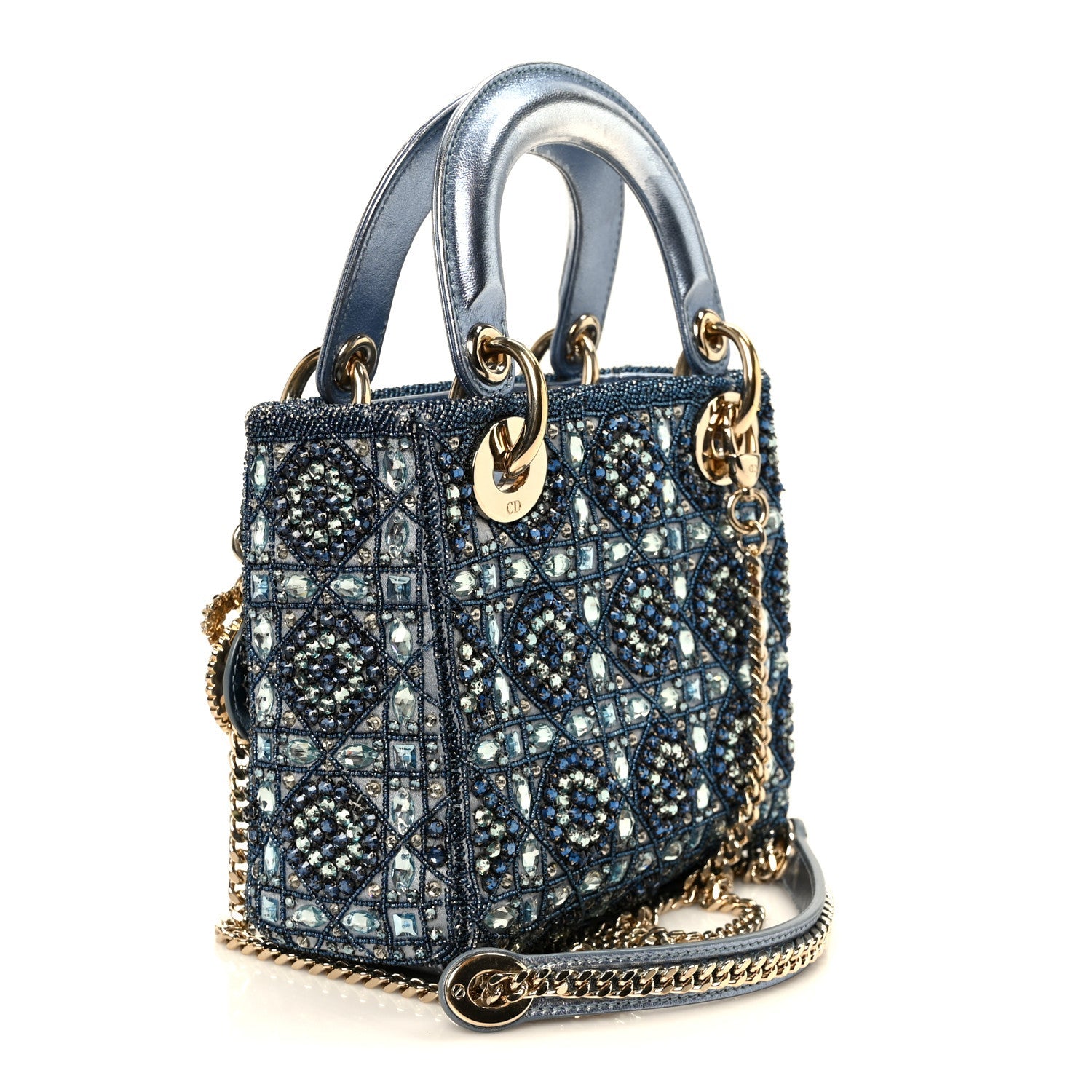 Christian Dior Metallic Calfskin Satin Celestial Bead Embroidery Cannage Mini Lady Dior Blue