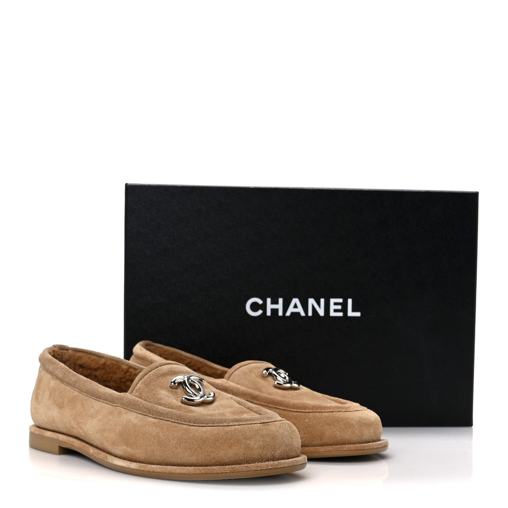 Chanel Suede Calfskin CC Loafers 36 Dark Beige